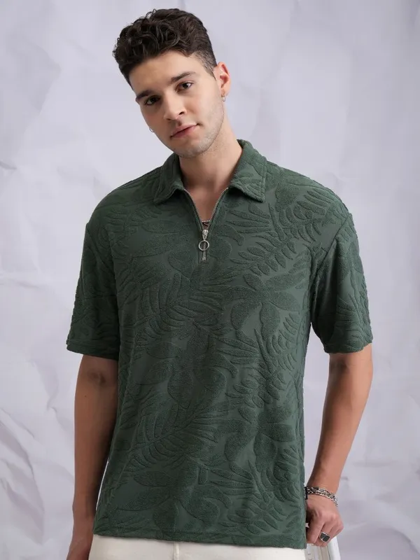  Highlander Men Green Self Design Polo Collar Polo T-Shirts