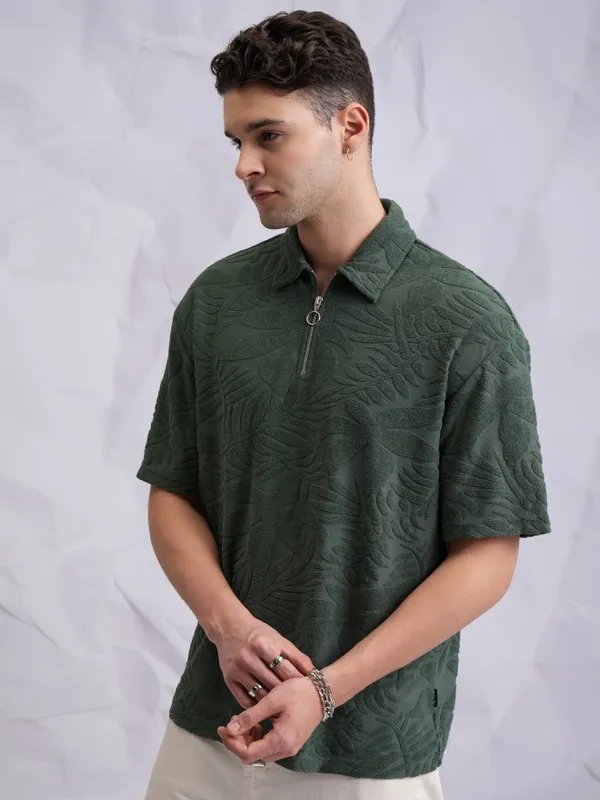  Highlander Men Green Self Design Polo Collar Polo T-Shirts