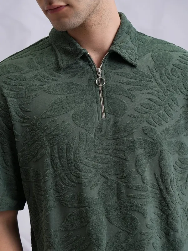  Highlander Men Green Self Design Polo Collar Polo T-Shirts
