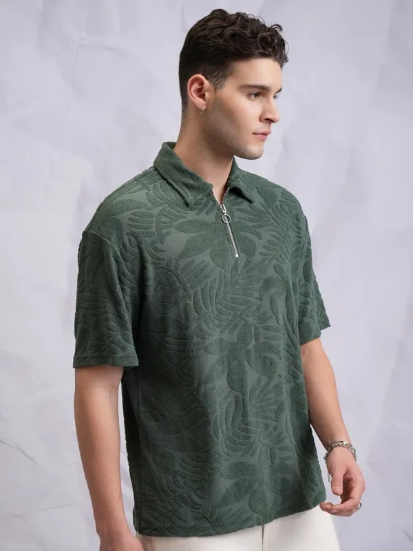  Highlander Men Green Self Design Polo Collar Polo T-Shirts