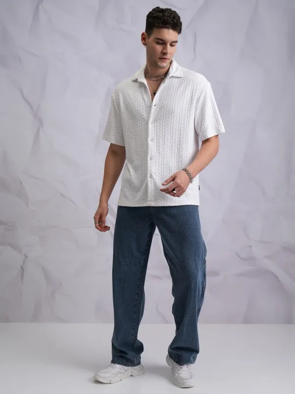  Highlander Men White Self Design Oversized Fit Casual Shirts