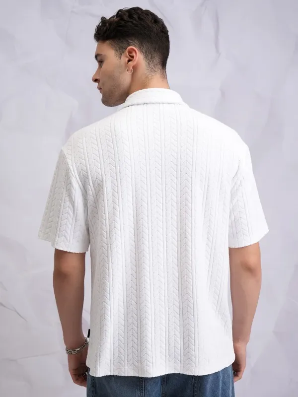  Highlander Men White Self Design Oversized Fit Casual Shirts