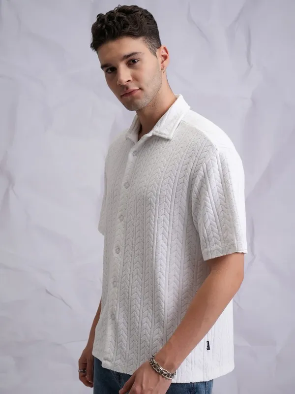  Highlander Men White Self Design Oversized Fit Casual Shirts
