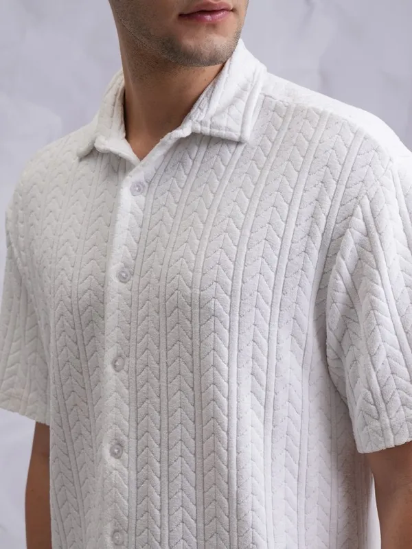  Highlander Men White Self Design Oversized Fit Casual Shirts