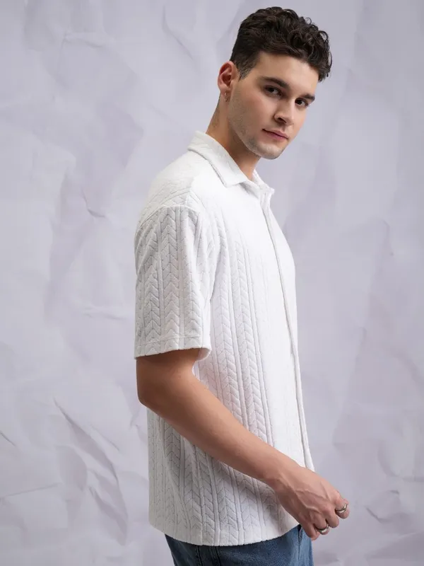  Highlander Men White Self Design Oversized Fit Casual Shirts