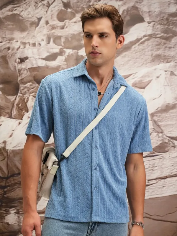  Highlander Men Blue Self Design Oversized Fit Casual Shirts