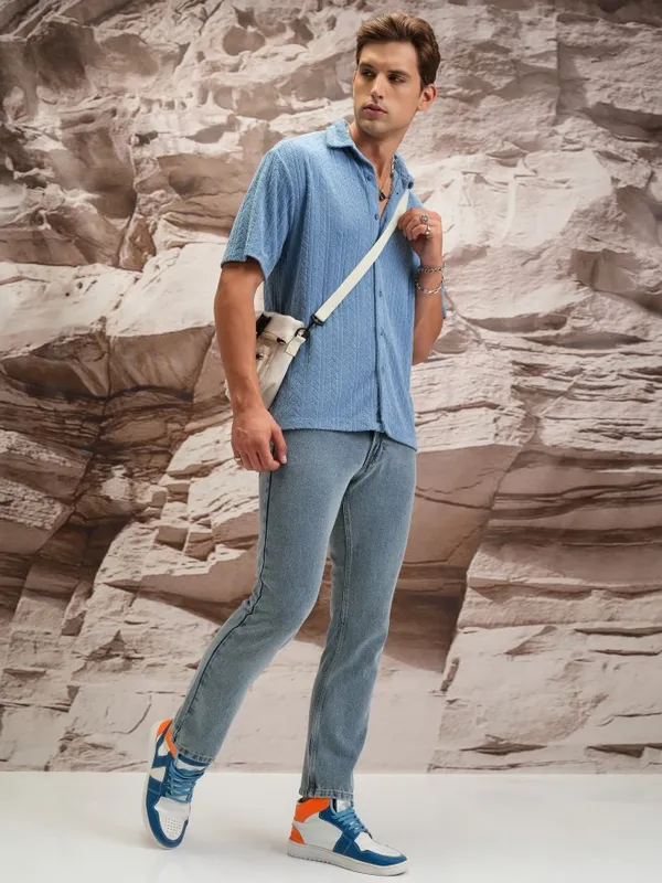  Highlander Men Blue Self Design Oversized Fit Casual Shirts