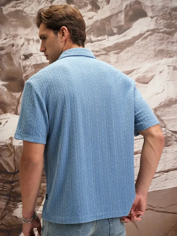  Highlander Men Blue Self Design Oversized Fit Casual Shirts