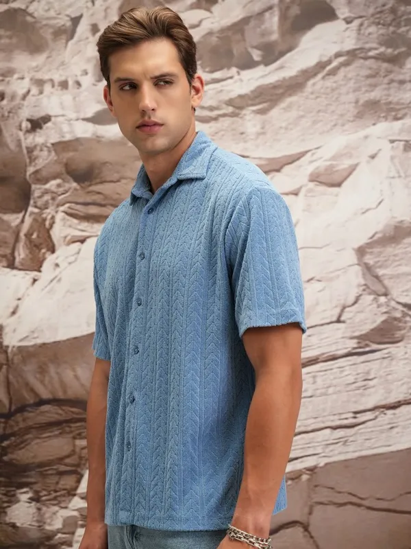  Highlander Men Blue Self Design Oversized Fit Casual Shirts