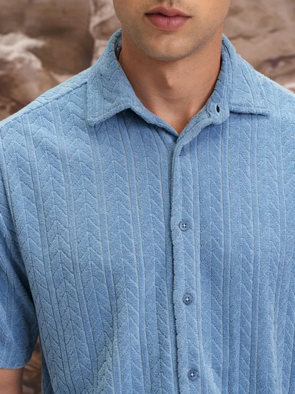  Highlander Men Blue Self Design Oversized Fit Casual Shirts