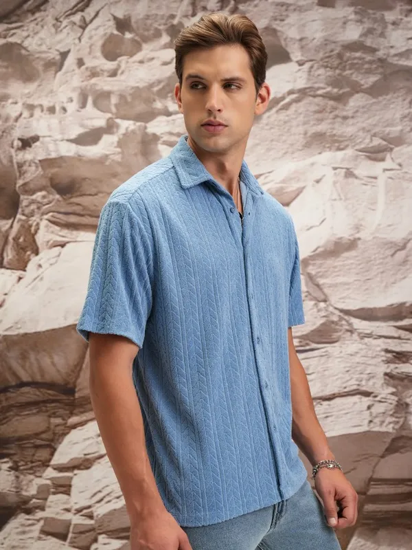  Highlander Men Blue Self Design Oversized Fit Casual Shirts