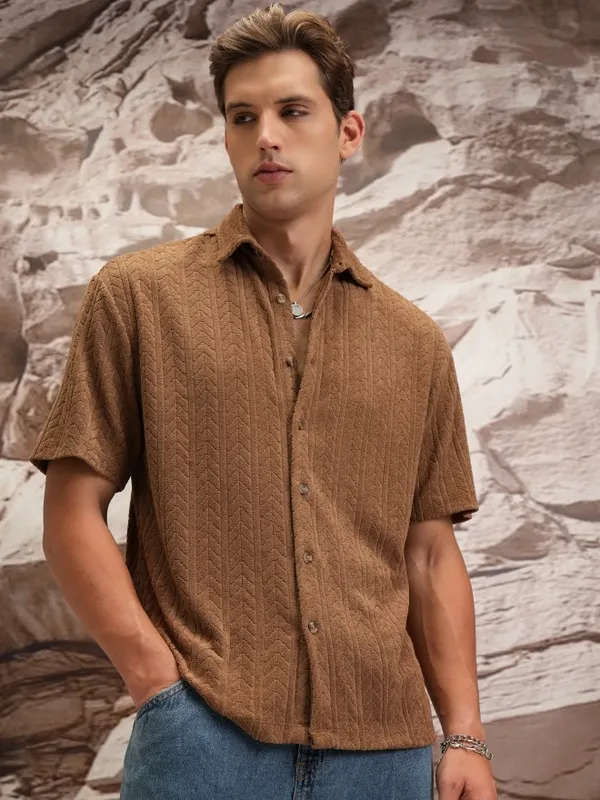  Highlander Men Brown Self Design Oversized Fit Casual Shirts