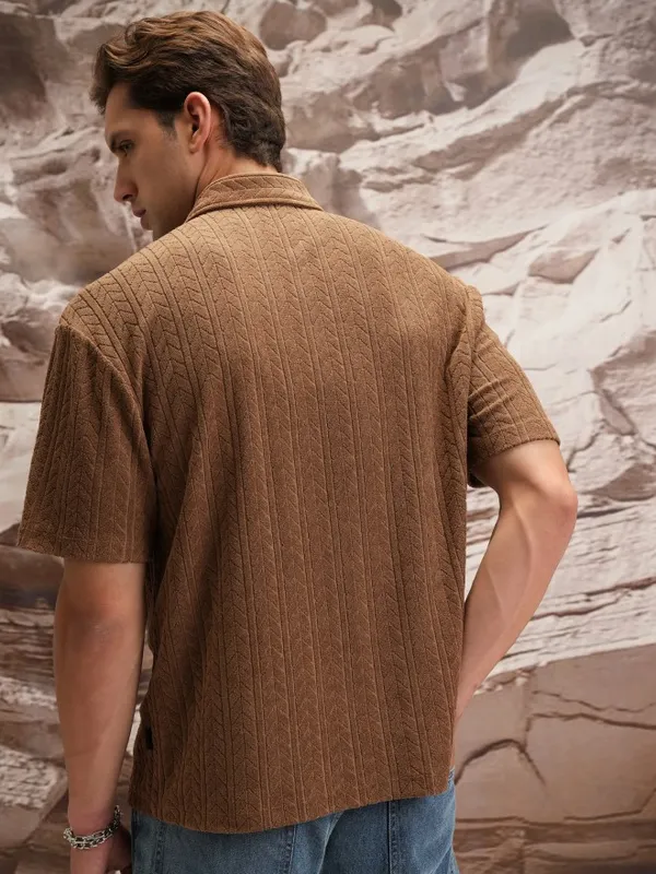  Highlander Men Brown Self Design Oversized Fit Casual Shirts