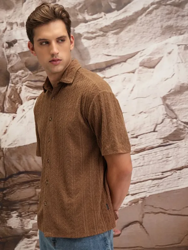  Highlander Men Brown Self Design Oversized Fit Casual Shirts