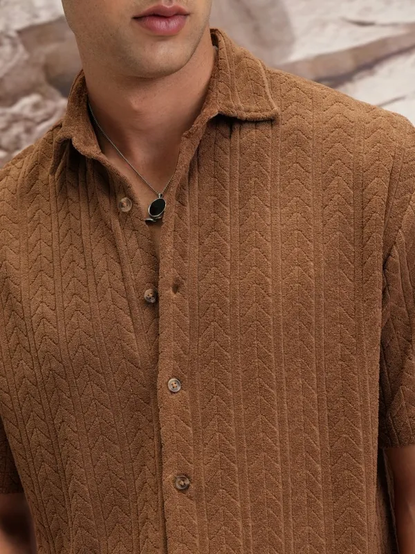  Highlander Men Brown Self Design Oversized Fit Casual Shirts