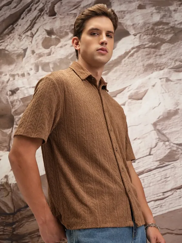  Highlander Men Brown Self Design Oversized Fit Casual Shirts