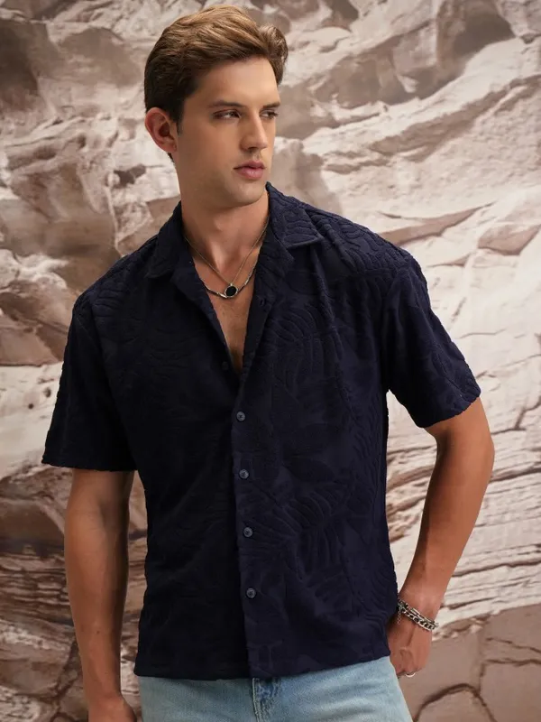  Highlander Men Navy Blue Self Design Oversized Fit Casual Shirts