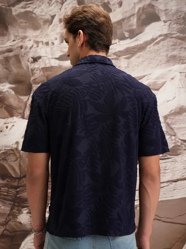  Highlander Men Navy Blue Self Design Oversized Fit Casual Shirts