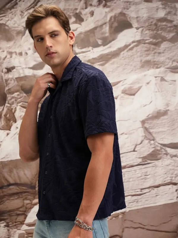  Highlander Men Navy Blue Self Design Oversized Fit Casual Shirts
