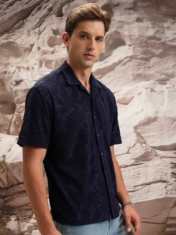  Highlander Men Navy Blue Self Design Oversized Fit Casual Shirts