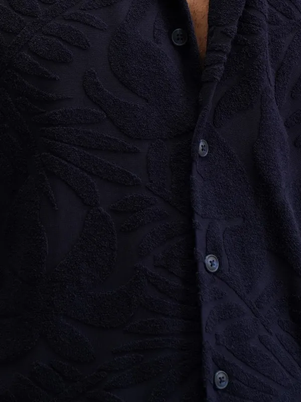  Highlander Men Navy Blue Self Design Oversized Fit Casual Shirts