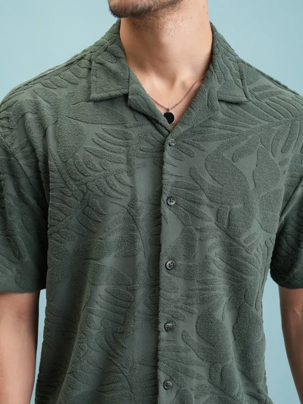  Highlander Men Green Self Design Oversized Fit Casual Shirts
