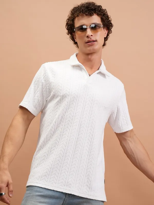  Highlander Men White Self Design Polo Collar T-Shirts