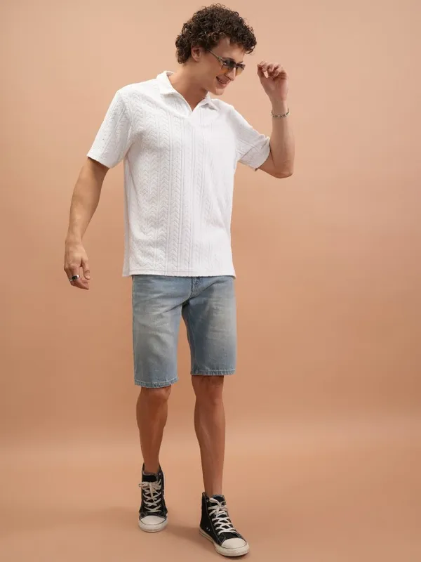 Highlander Men White Self Design Polo Collar T-Shirts
