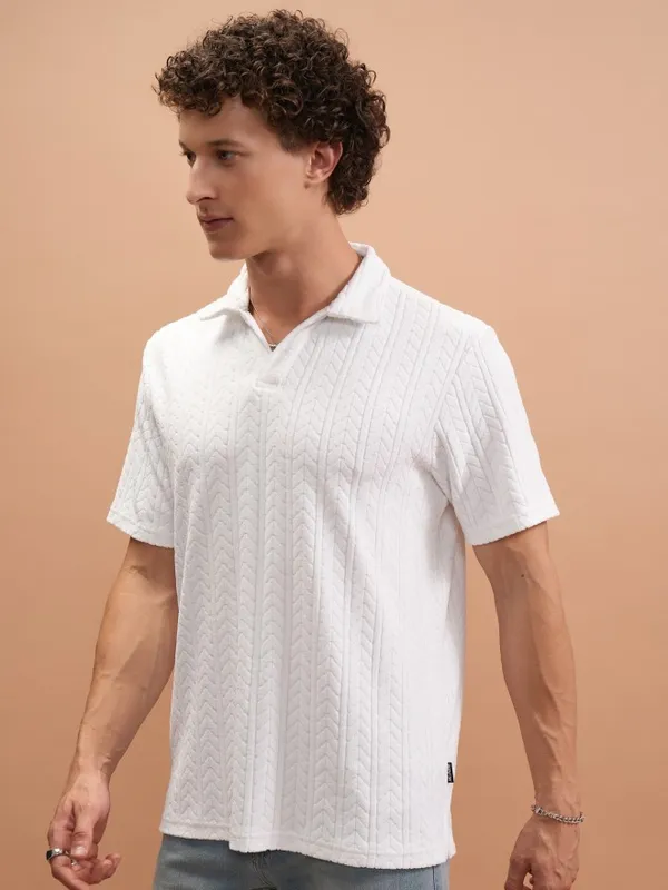  Highlander Men White Self Design Polo Collar T-Shirts