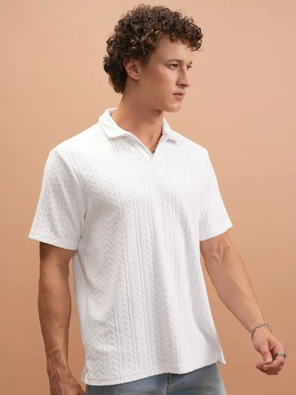  Highlander Men White Self Design Polo Collar T-Shirts