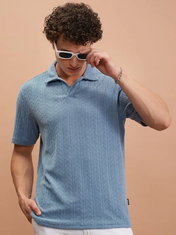  Highlander Men Blue Self Design Polo Collar Polo T-Shirts