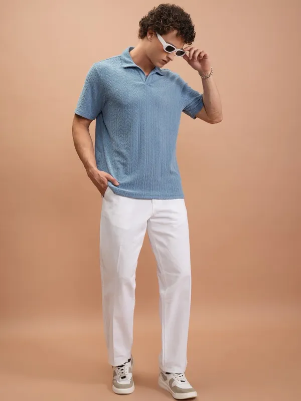 Highlander Men Blue Self Design Polo Collar Polo T-Shirts