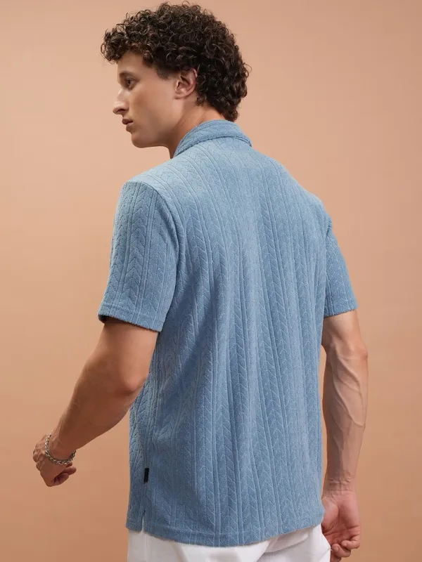  Highlander Men Blue Self Design Polo Collar Polo T-Shirts