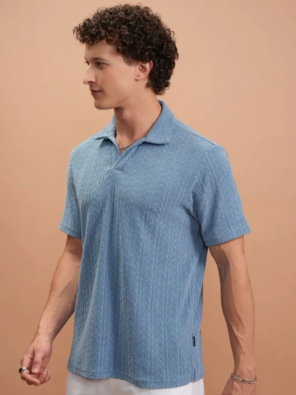  Highlander Men Blue Self Design Polo Collar Polo T-Shirts
