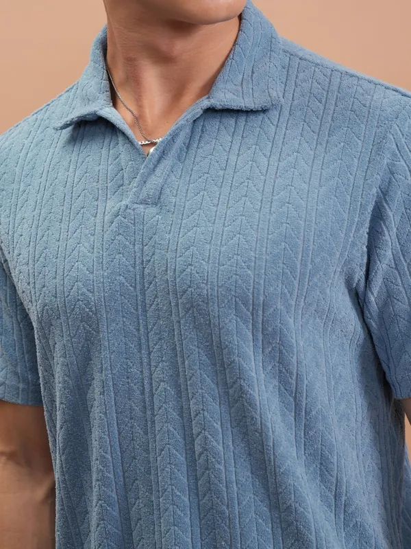  Highlander Men Blue Self Design Polo Collar Polo T-Shirts