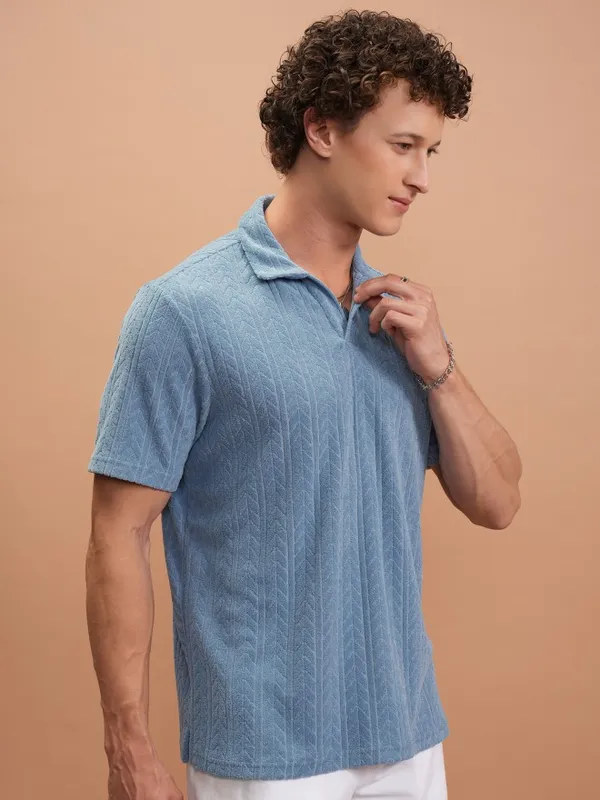  Highlander Men Blue Self Design Polo Collar Polo T-Shirts