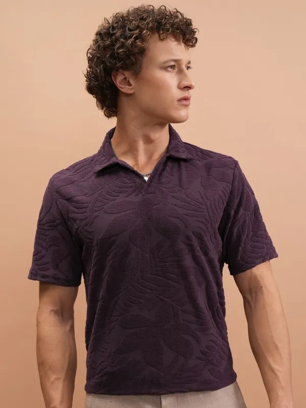 Highlander Men Purple Self Design Polo Collar T-Shirt