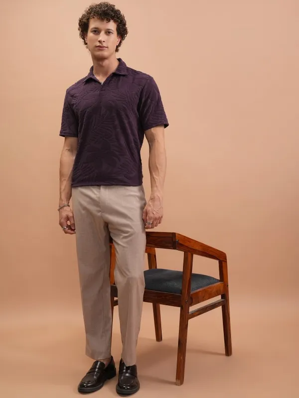 Highlander Men Purple Self Design Polo Collar T-Shirt