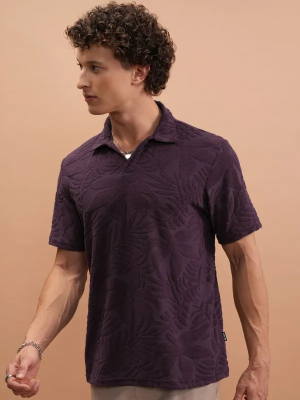Highlander Men Purple Self Design Polo Collar T-Shirt