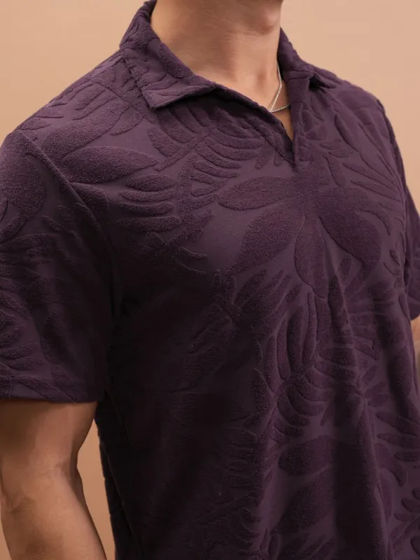 Highlander Men Purple Self Design Polo Collar T-Shirt