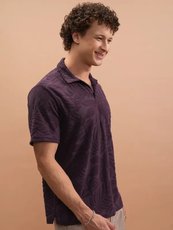Highlander Men Purple Self Design Polo Collar T-Shirt