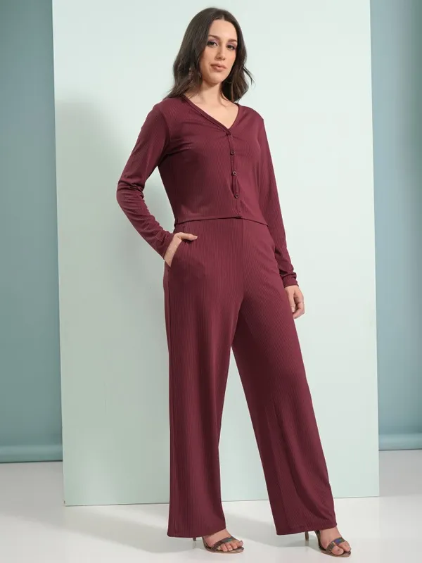 Tokyo Talkies Women Burgundy Top With Trouser Co-Ords