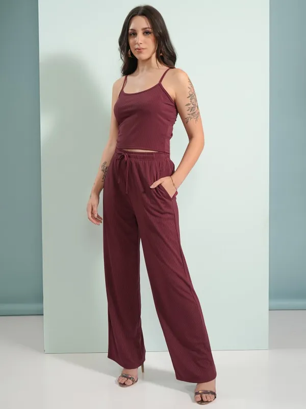 Tokyo Talkies Women Burgundy Top With Trouser Co-Ords