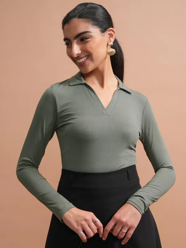 Tokyo Talkies Women Olive Solid Fitted Top