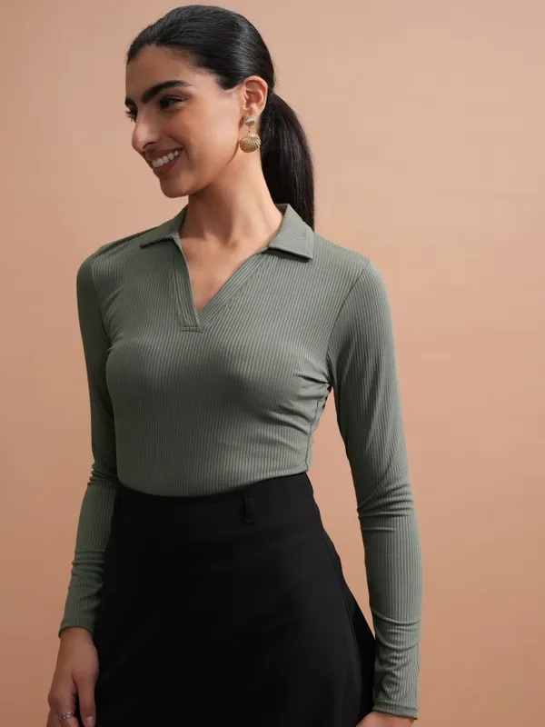 Tokyo Talkies Women Olive Solid Fitted Top