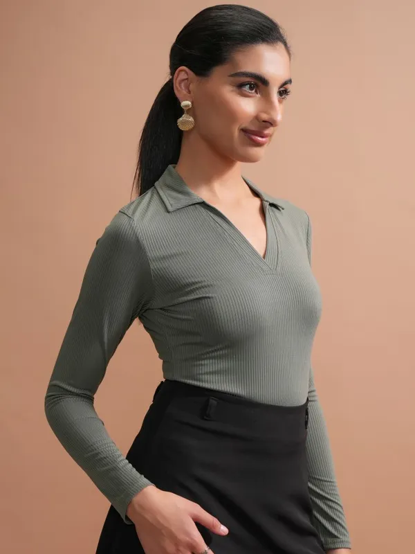 Tokyo Talkies Women Olive Solid Fitted Top