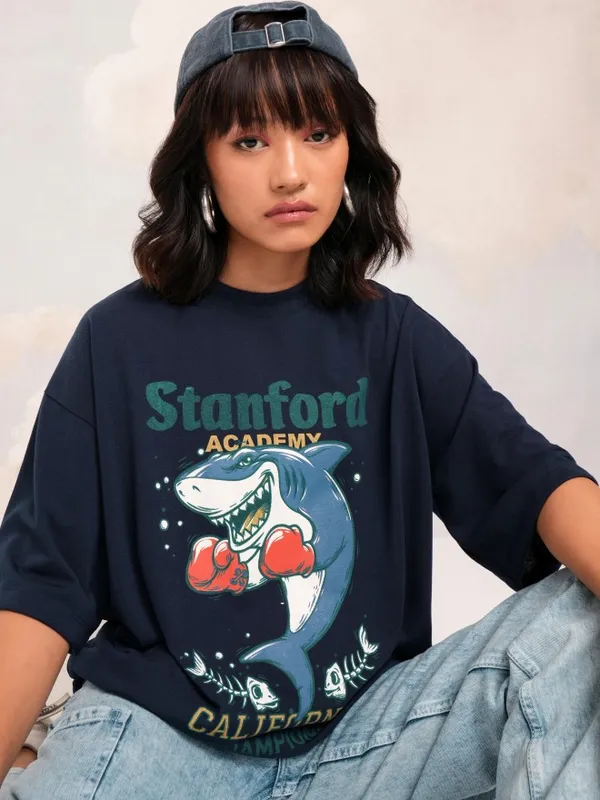 Tokyo Talkies Women Navy Blue Printed Round Neck Oversized Fit T-Shirt