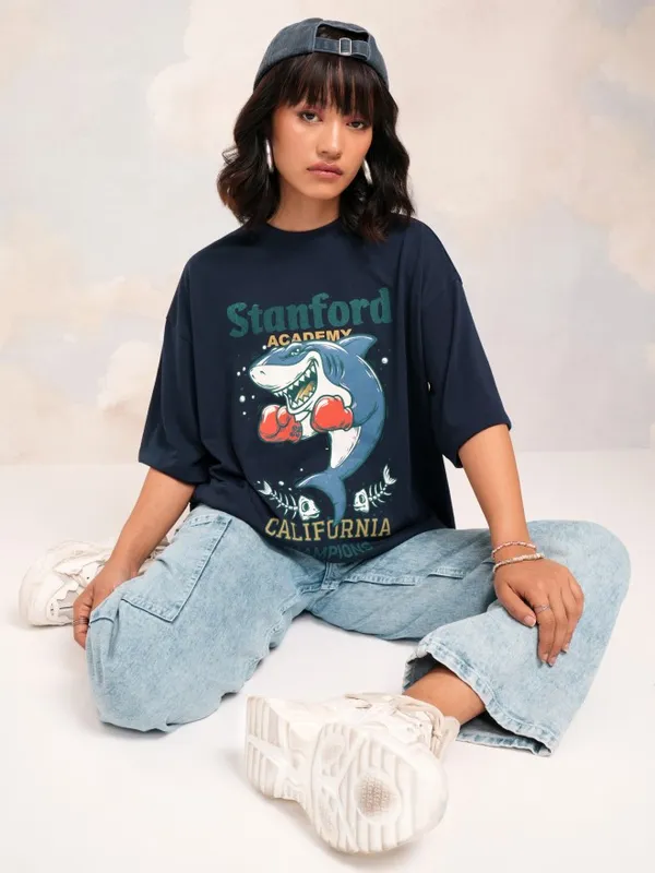 Tokyo Talkies Women Navy Blue Printed Round Neck Oversized Fit T-Shirt