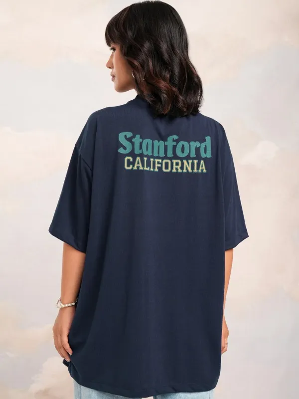 Tokyo Talkies Women Navy Blue Printed Round Neck Oversized Fit T-Shirt