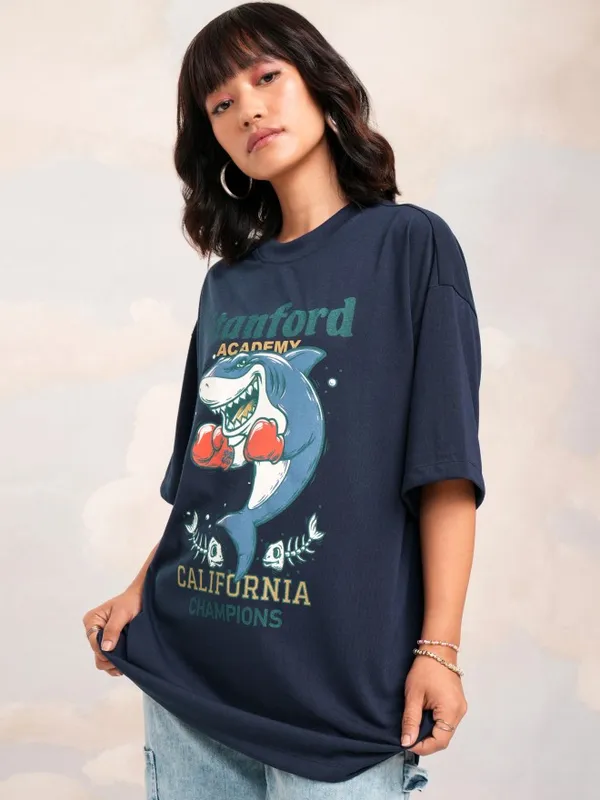 Tokyo Talkies Women Navy Blue Printed Round Neck Oversized Fit T-Shirt